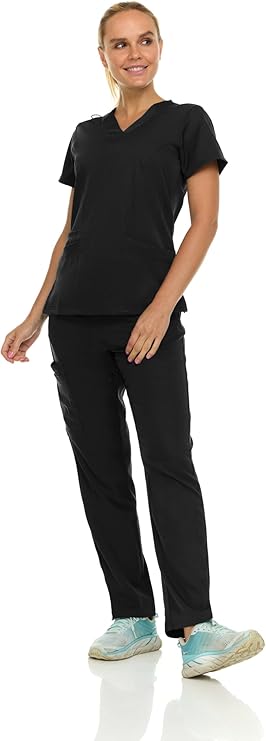 Medichic Eleanor V-Neck Top with Tall Joelle Elastic Drawstring Cargo Pants Scrub Set - Black