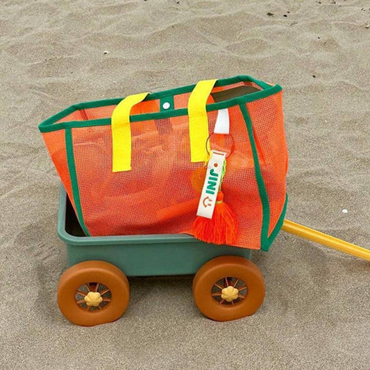 ACCITY mesh beach bag with breathable mesh design, sturdy handles, and spacious interior for carrying beach essentials.