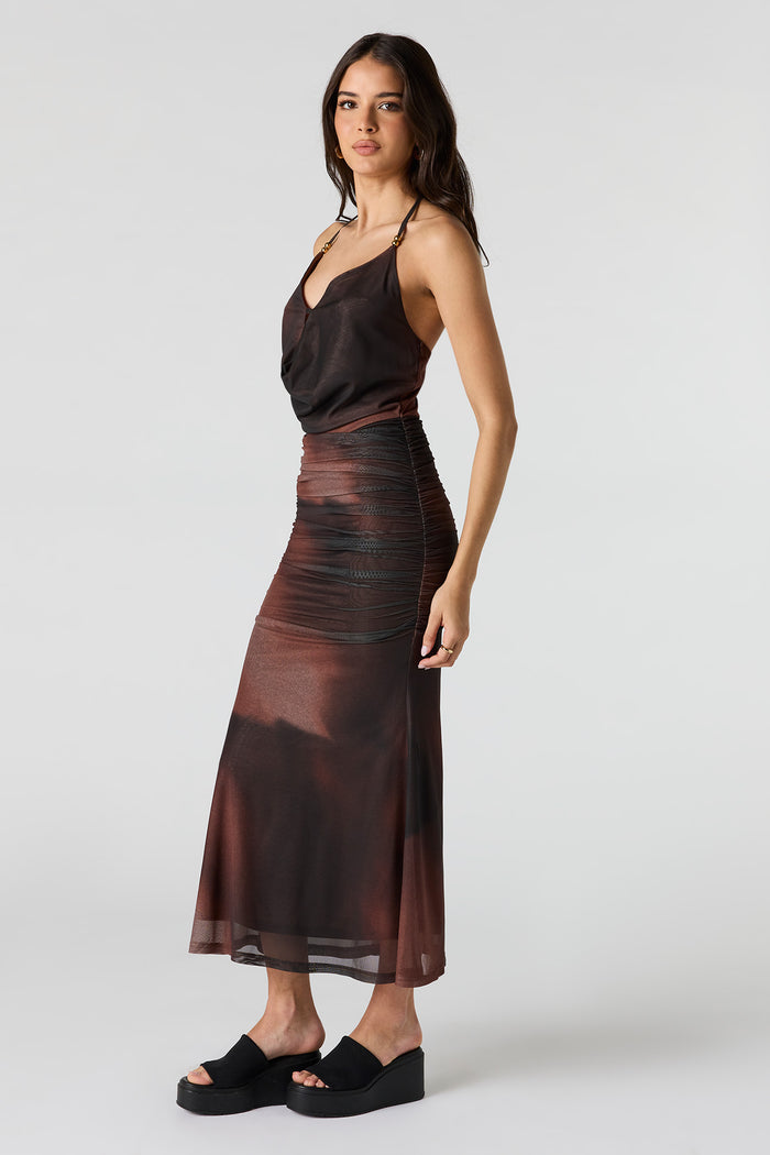 Mesh Cowl Neck Ruched Midi Dress