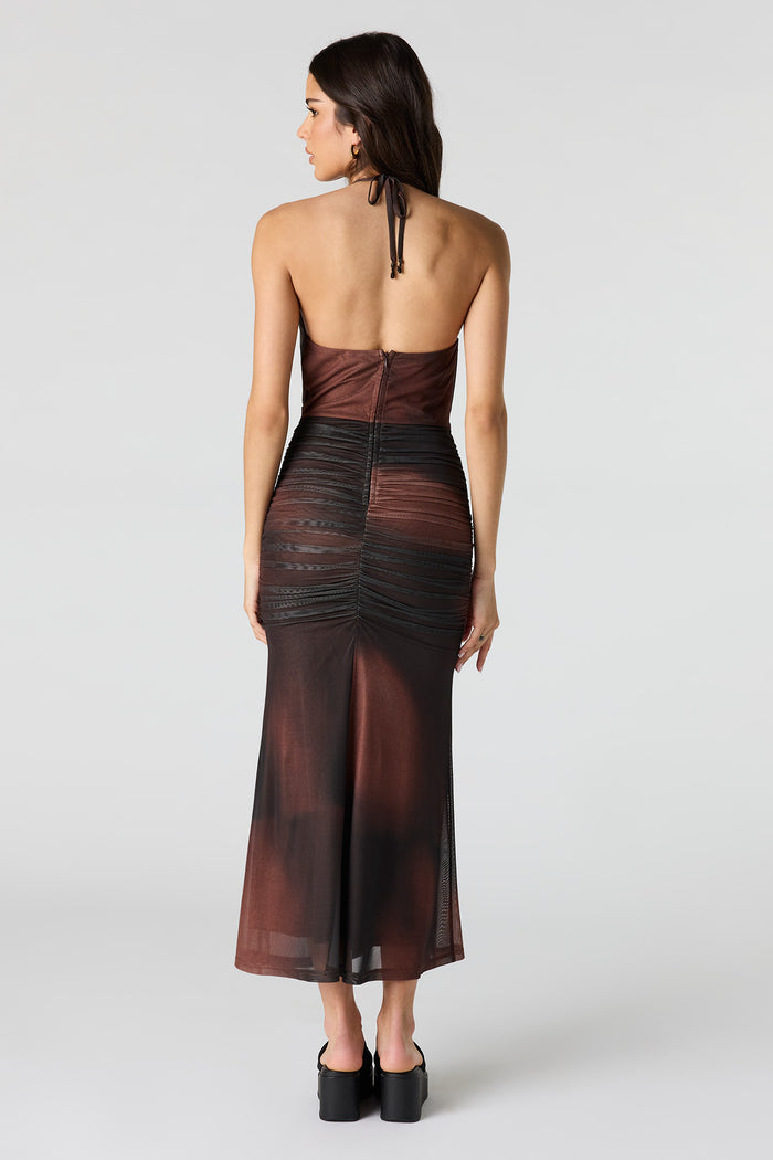 Mesh Cowl Neck Ruched Midi Dress