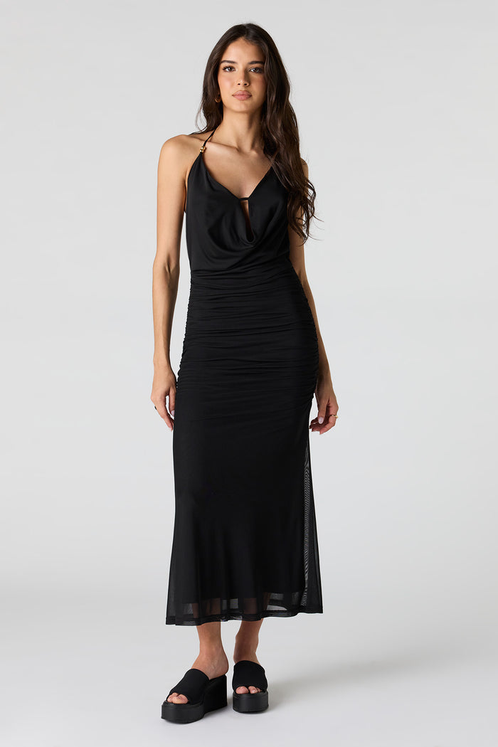 Mesh Cowl Neck Ruched Midi Dress