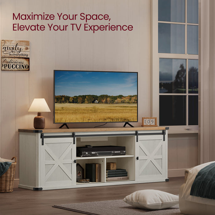 Meuble TV Cesilee pour téléviseurs jusqu'à 75 pouces avec 2 portes coulissantes de style grange et station de recharge intégrée