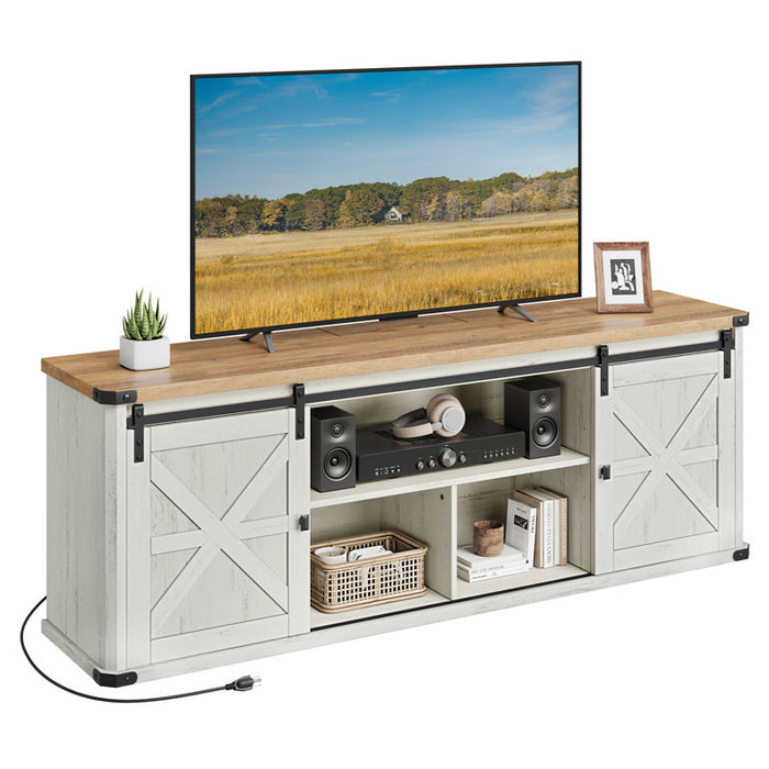 Meuble TV Cesilee pour téléviseurs jusqu'à 75 pouces avec 2 portes coulissantes de style grange et station de recharge intégrée