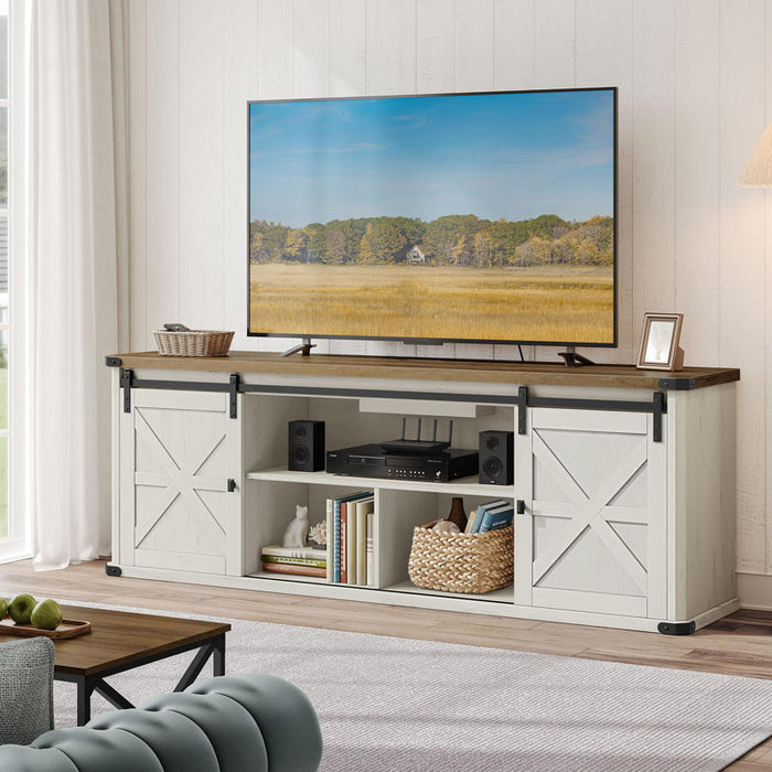 Meuble TV Cesilee pour téléviseurs jusqu'à 75 pouces avec 2 portes coulissantes de style grange et station de recharge intégrée