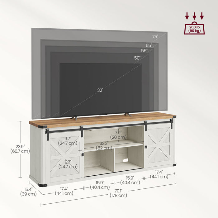 Meuble TV Cesilee pour téléviseurs jusqu'à 75 pouces avec 2 portes coulissantes de style grange et station de recharge intégrée