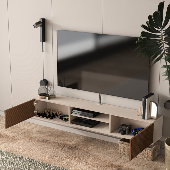 Meuble TV flottant Bella pour téléviseurs jusqu'à 85 pouces, Modern Media (Alpine/Cottonwood)