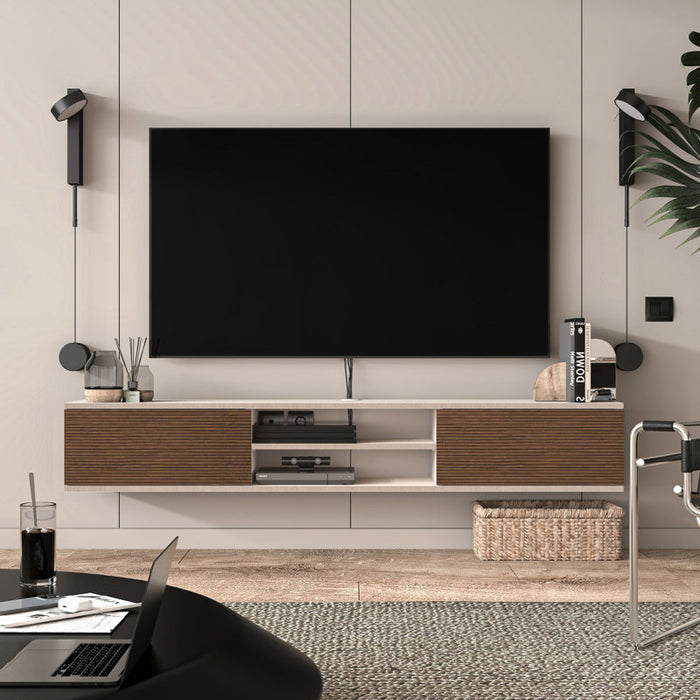 Meuble TV flottant Bella pour téléviseurs jusqu'à 85 pouces, Modern Media (Alpine/Cottonwood)