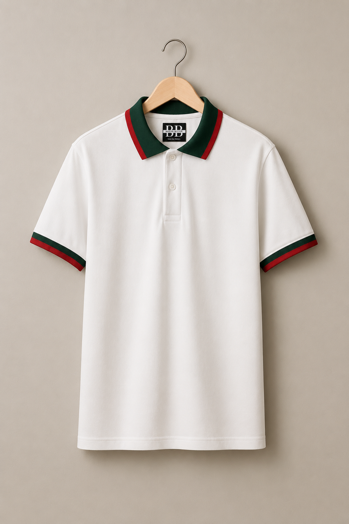 Milano White & Green Rosso-Trim Collar Polo (Premium Cotton Blend)