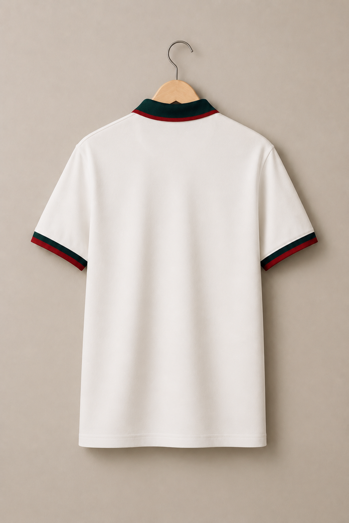 Milano White & Green Rosso-Trim Collar Polo (Premium Cotton Blend)