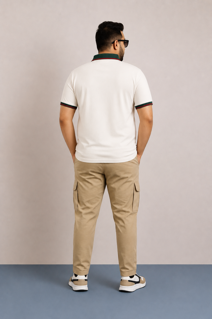 Milano White & Green Rosso-Trim Collar Polo (Premium Cotton Blend)
