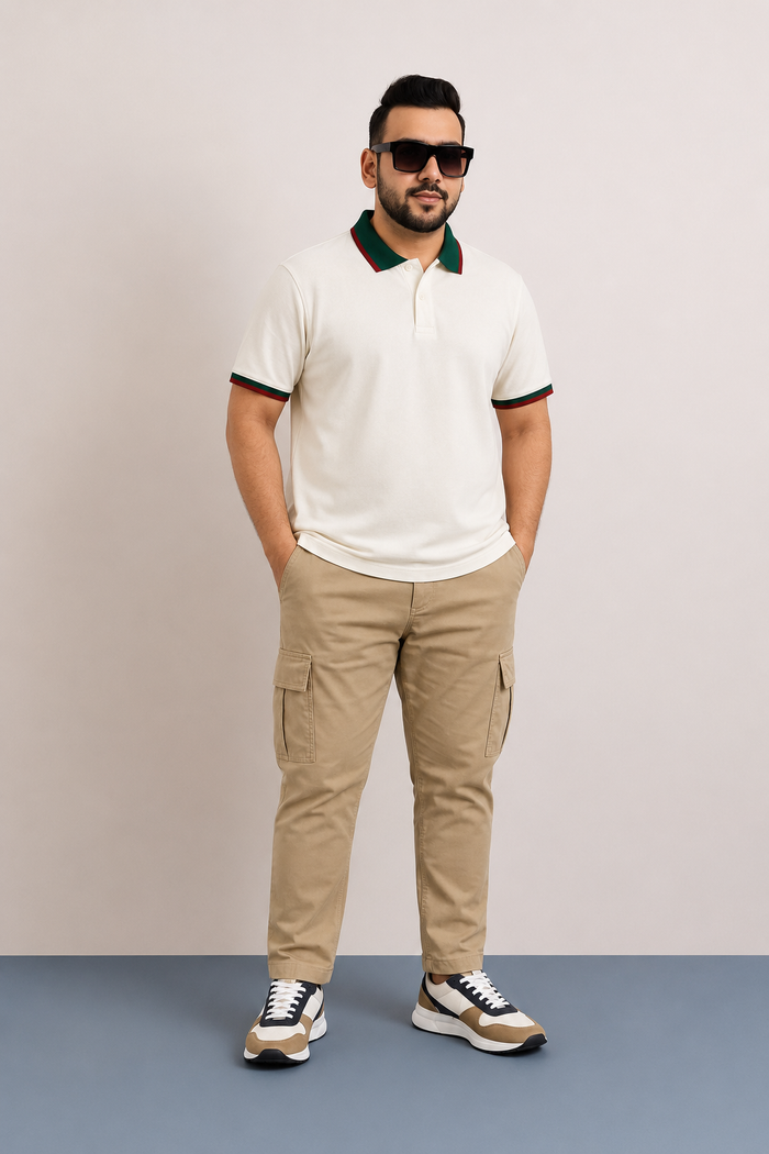 Milano White & Green Rosso-Trim Collar Polo (Premium Cotton Blend)
