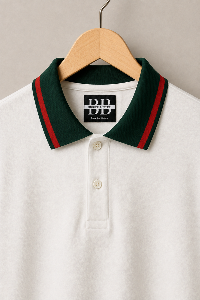 Milano White & Green Rosso-Trim Collar Polo (Premium Cotton Blend)