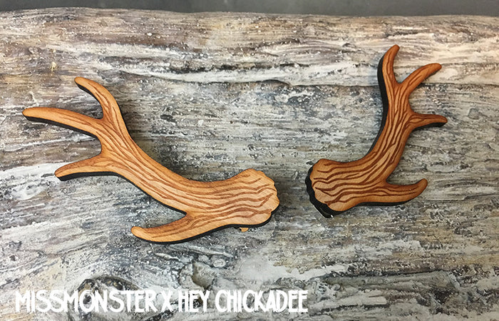 MISSMONSTER X HEY CHICKADEE ANTLER BARRETTES - LASER ETCHED WOOD