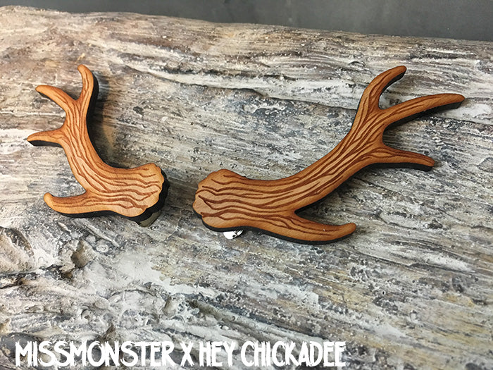 MISSMONSTER X HEY CHICKADEE ANTLER BARRETTES - LASER ETCHED WOOD