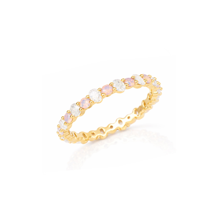 Gold-tone ring with oval pink CZ stones and wave band