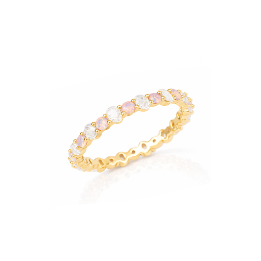 Gold-tone ring with oval pink CZ stones and wave band