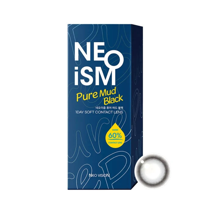 EyeCandys NEOism Mud Black colored contact lens packaging - sleek and stylish box design, premium prescription cosmetic lenses, high-quality daily wear lenses, trendy eye enhancement