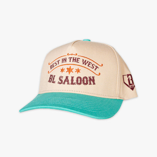 Beige and teal cap with 'Best in the West' and 'BL Saloon' text on a white background