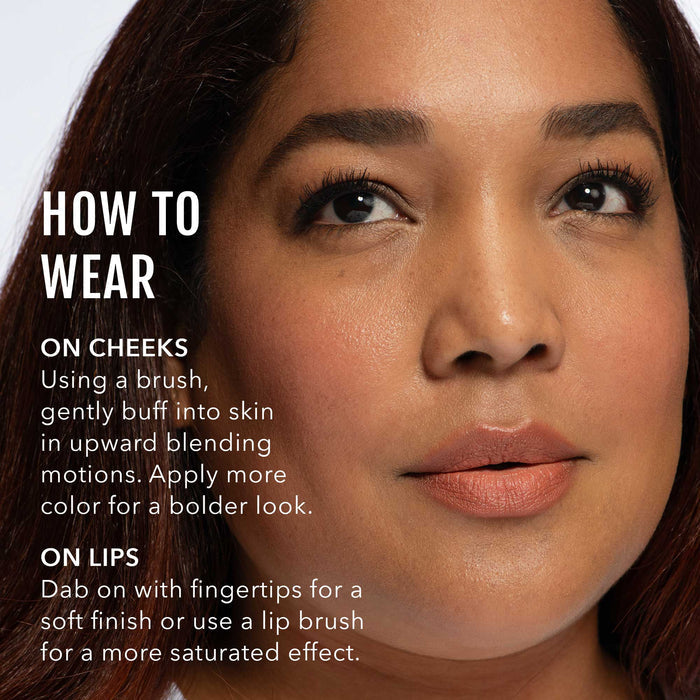 No Makeup Makeup – Close-up of a woman's face with makeup application instructions on cheeks and lips, natural minimal makeup
