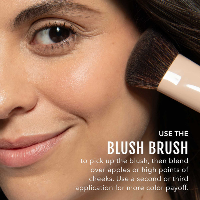 No Makeup Makeup – Woman applying peach blush with a brush, text overlaid with instructions, natural minimal makeup