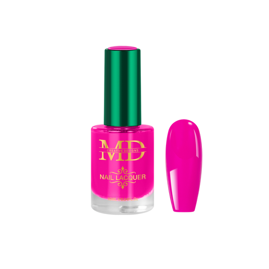 Pink nail polish bottle with green cap on a white background