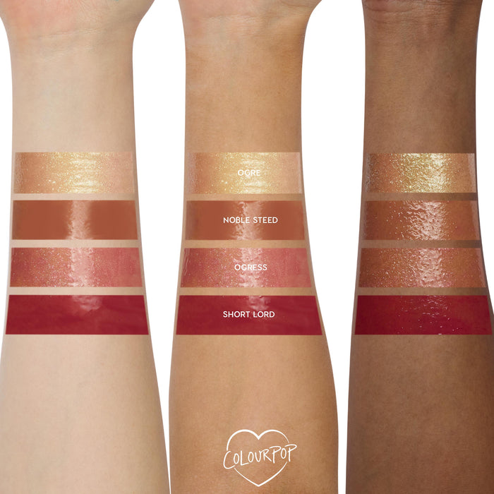 ColourPop Ultra Glossy Lip Ogress swatched on three arms from light to deep skin tones, showing a semi-sheer rosy pink gloss with fine shimmer and a high-shine finish; third row placement highlights coverage and sparkle in natural light.