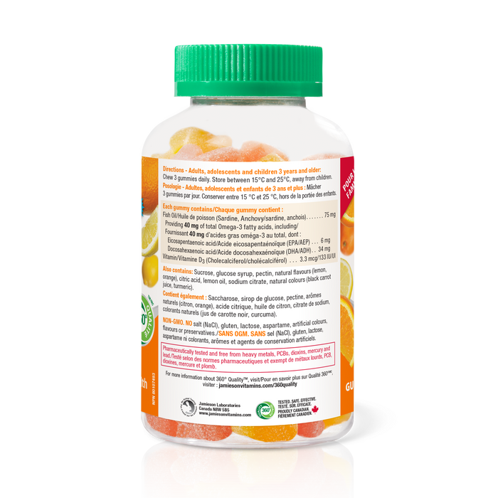 31001155 Jamieson Omega-3 Gummies Family Friendly, Lemon, Orange, 90 ct 31001155_J_GUM_Omega-3_400cc_R2105_BTL_NFP