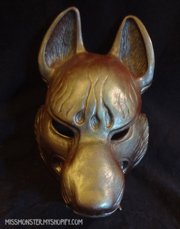 PAINTED KITSUNE MASK- OOAK GREEN METALLIC