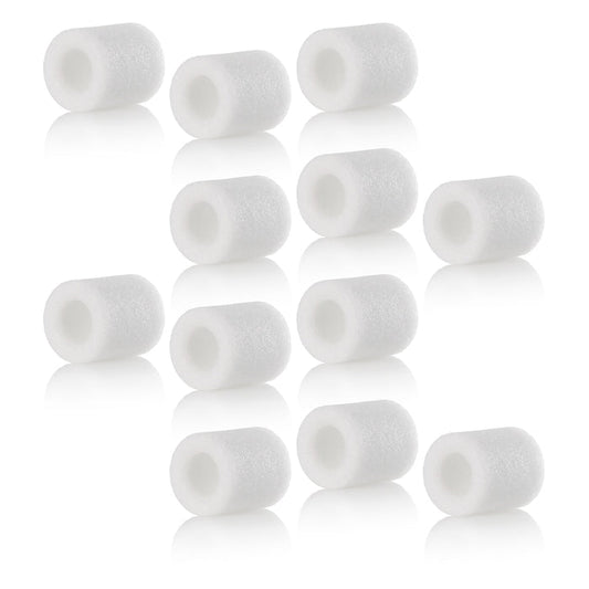 A collection of white cylindrical Pari Compressor Nebulizer air filters arranged in a grid pattern against a white background.