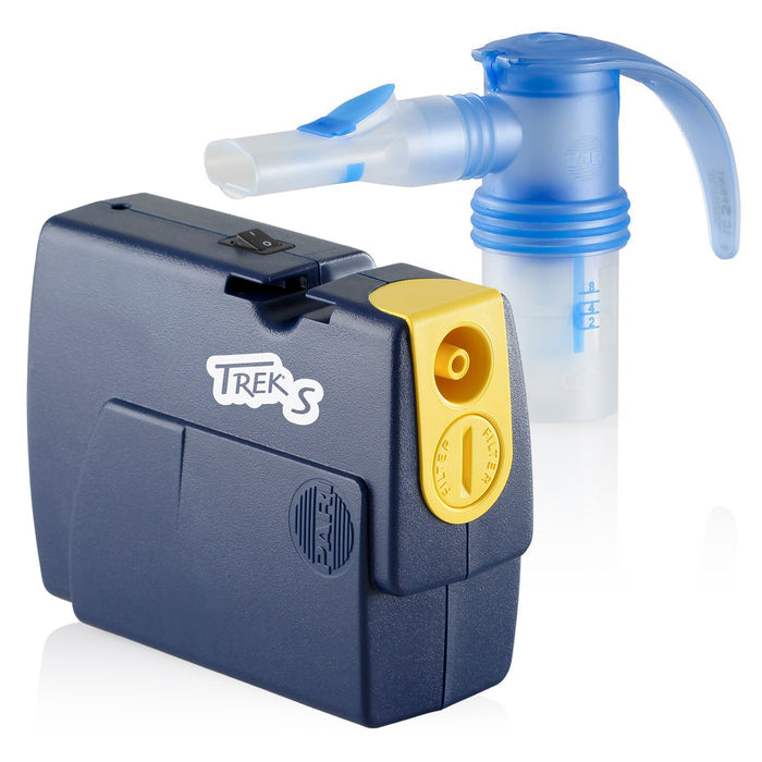 Portable inhaler device with blue mouthpiece on a white background