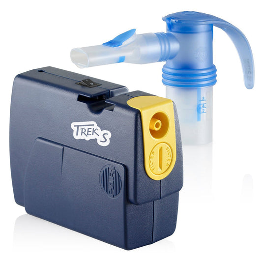 Portable inhaler device with blue mouthpiece on a white background