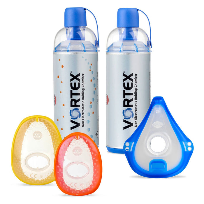 Pari Vortex Valved Holding Chambers Shown with Adult and Pediatric Aerosol Masks