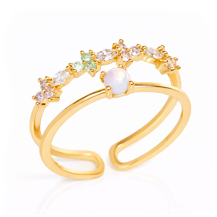 Gold-tone adjustable double ring with pastel flower charms and pearl-like center