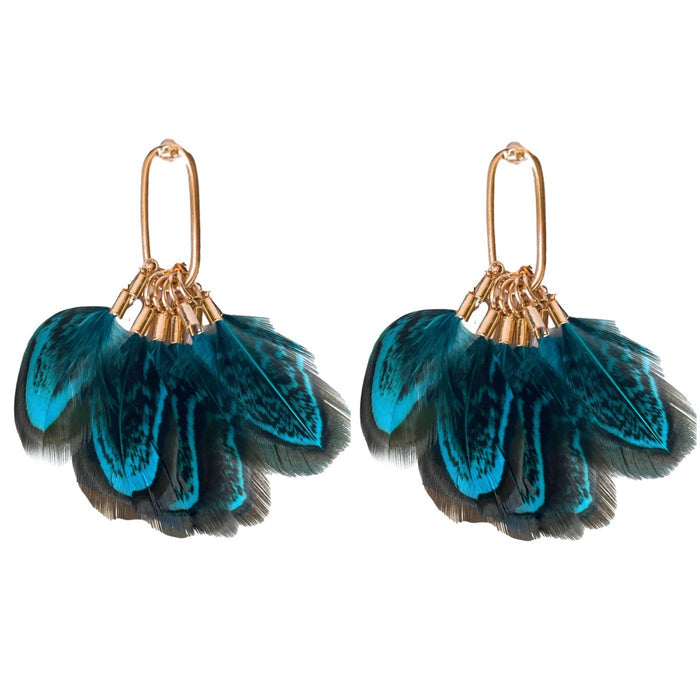 Peacock feather statement tassel earrings by St Armands Designs of Sarasota featuring vibrant feathers and elegant dangle style.