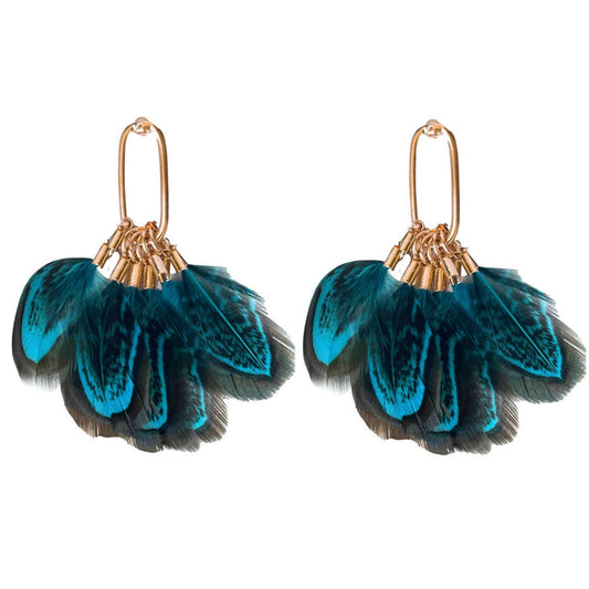 Peacock feather statement tassel earrings by St Armands Designs of Sarasota featuring vibrant feathers and elegant dangle style.