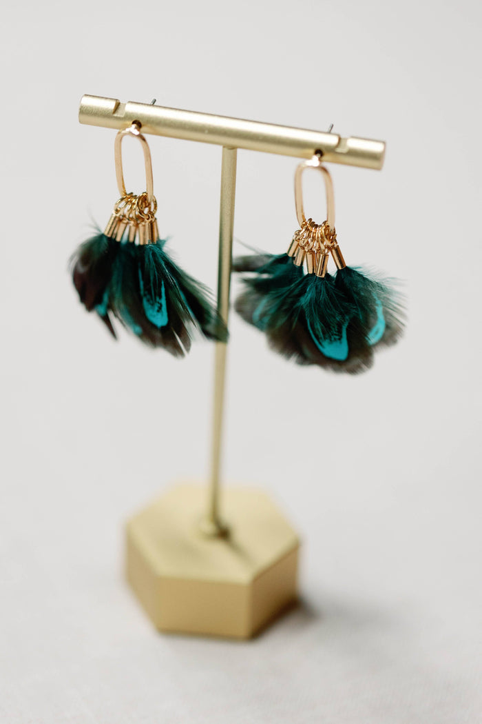 Peacock feather statement tassel earrings with gold hooks by St Armands Designs of Sarasota, featuring colorful feather details