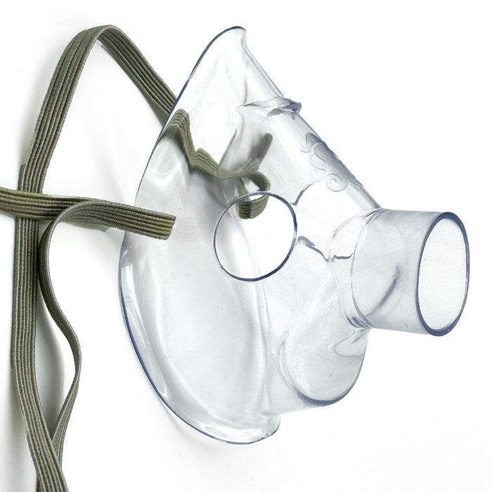 A pediatric mask designed for use with a handheld mesh nebulizer, featuring an adjustable head strap and a clear plastic structure.