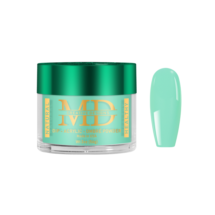 Green nail powder with a jar labeled 'MD' on a white background