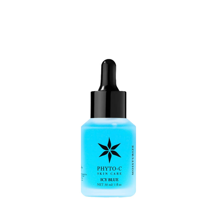 Phyto-C Icy Blue moisturizing gel serum bottle, blue glass dropper, 30 ml