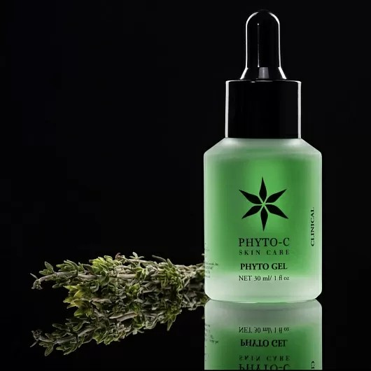Phyto-C Phyto Gel brightening skin care serum in green bottle with dropper