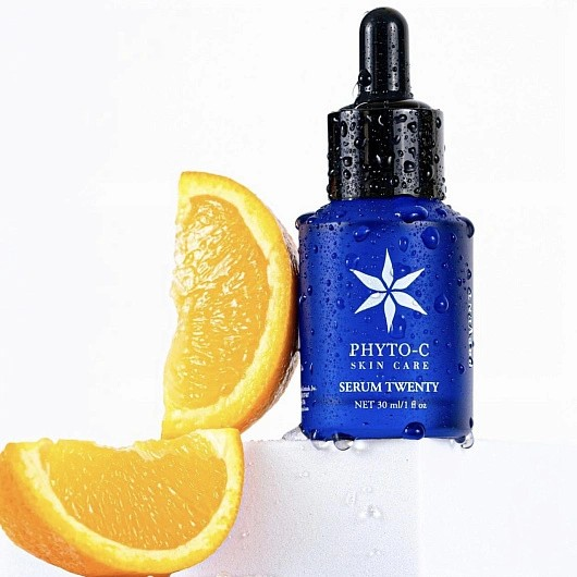 Phyto-C Serum Twenty blue dropper bottle with orange slices, 20% Vitamin C skincare serum