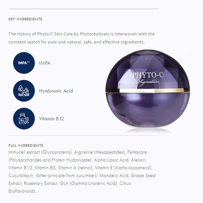 Phyto-C Signature Cream jar with key ingredients IMPA, hyaluronic acid, and vitamin B12