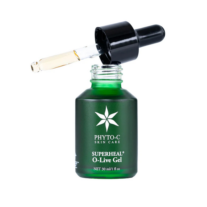 Phyto-C Superheal O-Live Gel bottle with dropper, green glass skincare serum