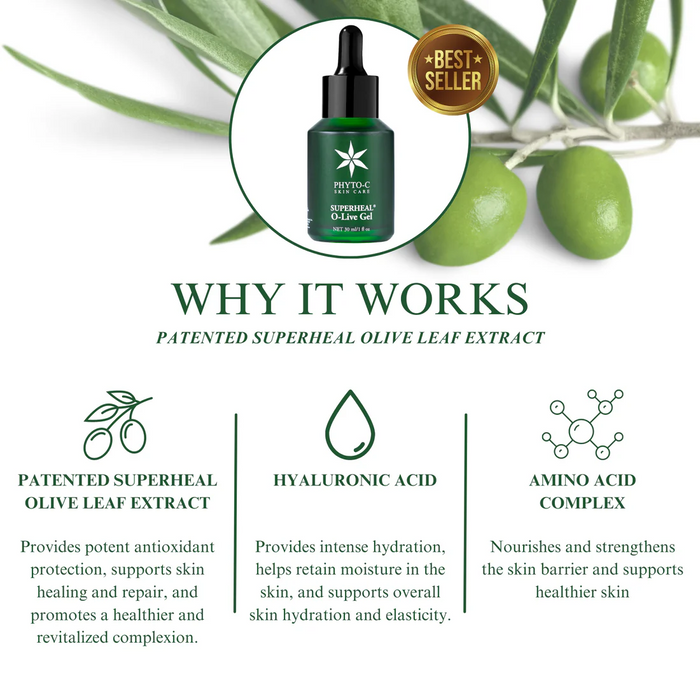 Phyto-C Superheal O-Live Gel bottle with best seller badge and olive leaf extract graphic