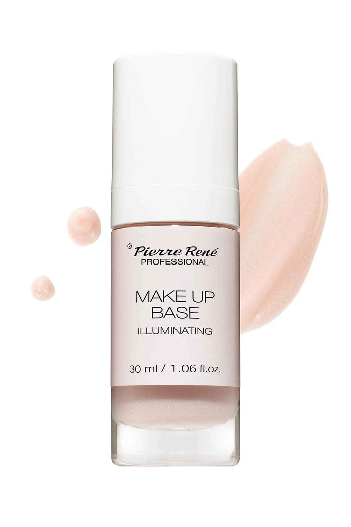 Pierre Rene illuminating makeup base in a 30ml bottle with creamy light pink formula swatch