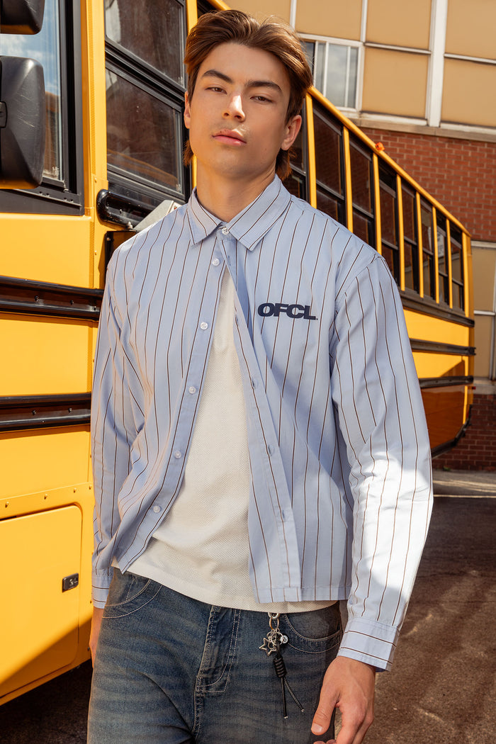 Pinstriped Graphic Button-Up Top