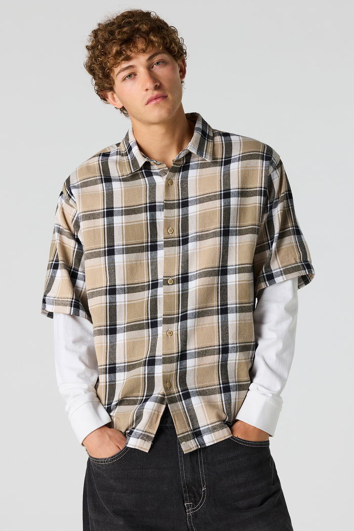 Plaid Twofer Long Sleeve Button-Up Top