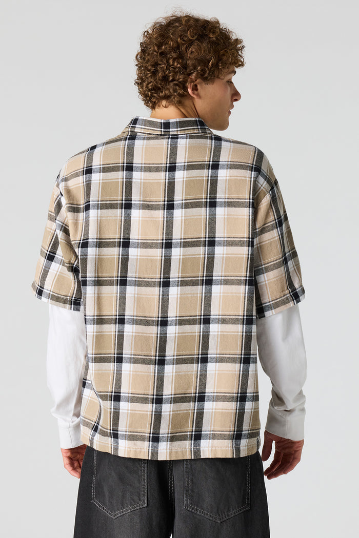 Plaid Twofer Long Sleeve Button-Up Top