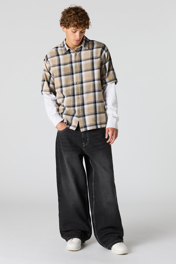 Plaid Twofer Long Sleeve Button-Up Top
