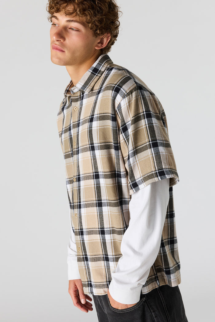 Plaid Twofer Long Sleeve Button-Up Top